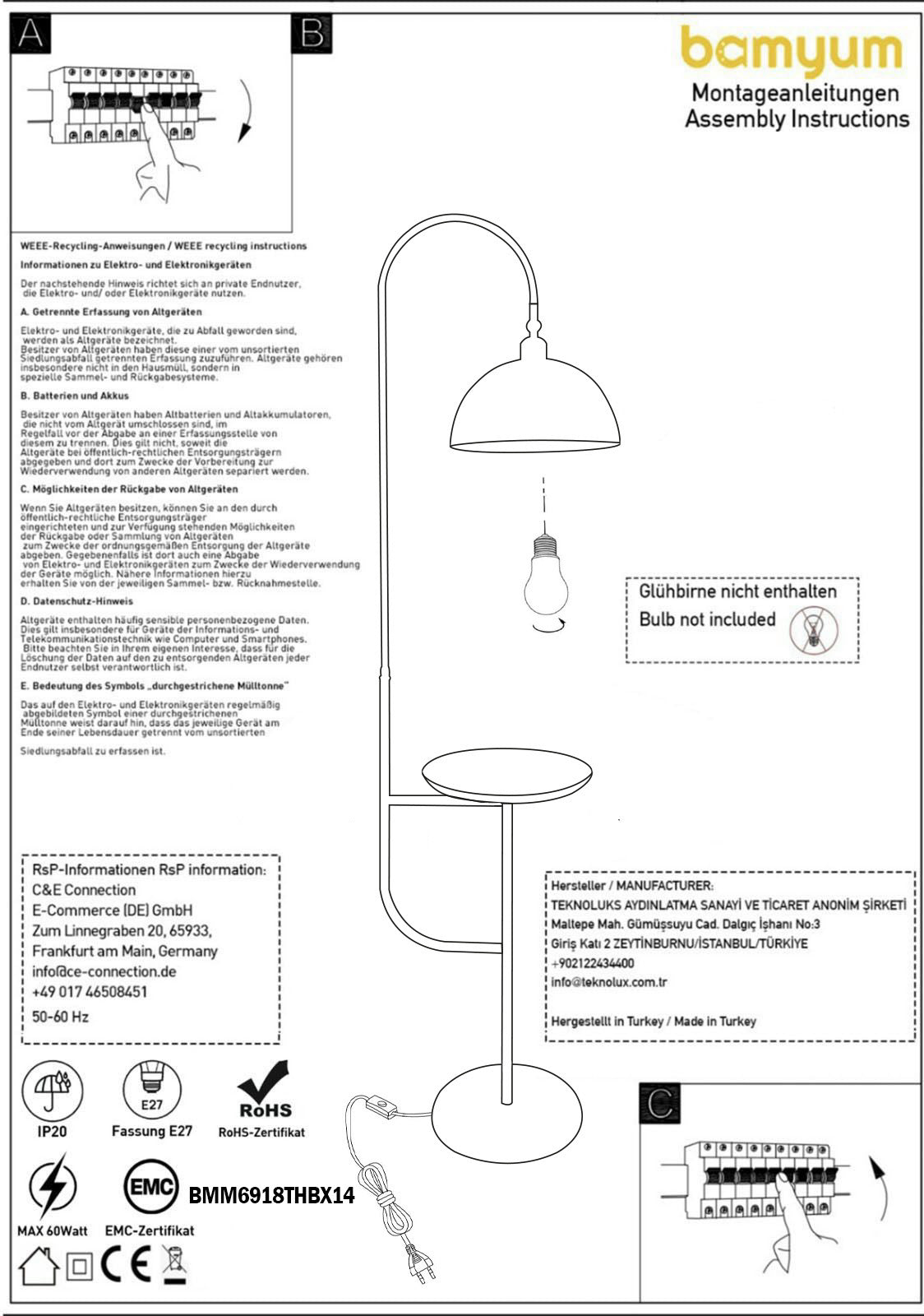 Stehlampe Gorkiede Stehleuchte Metall, E27 Fassung, verstellbarer Lampenschirm, Stehleuchte mit Ablage