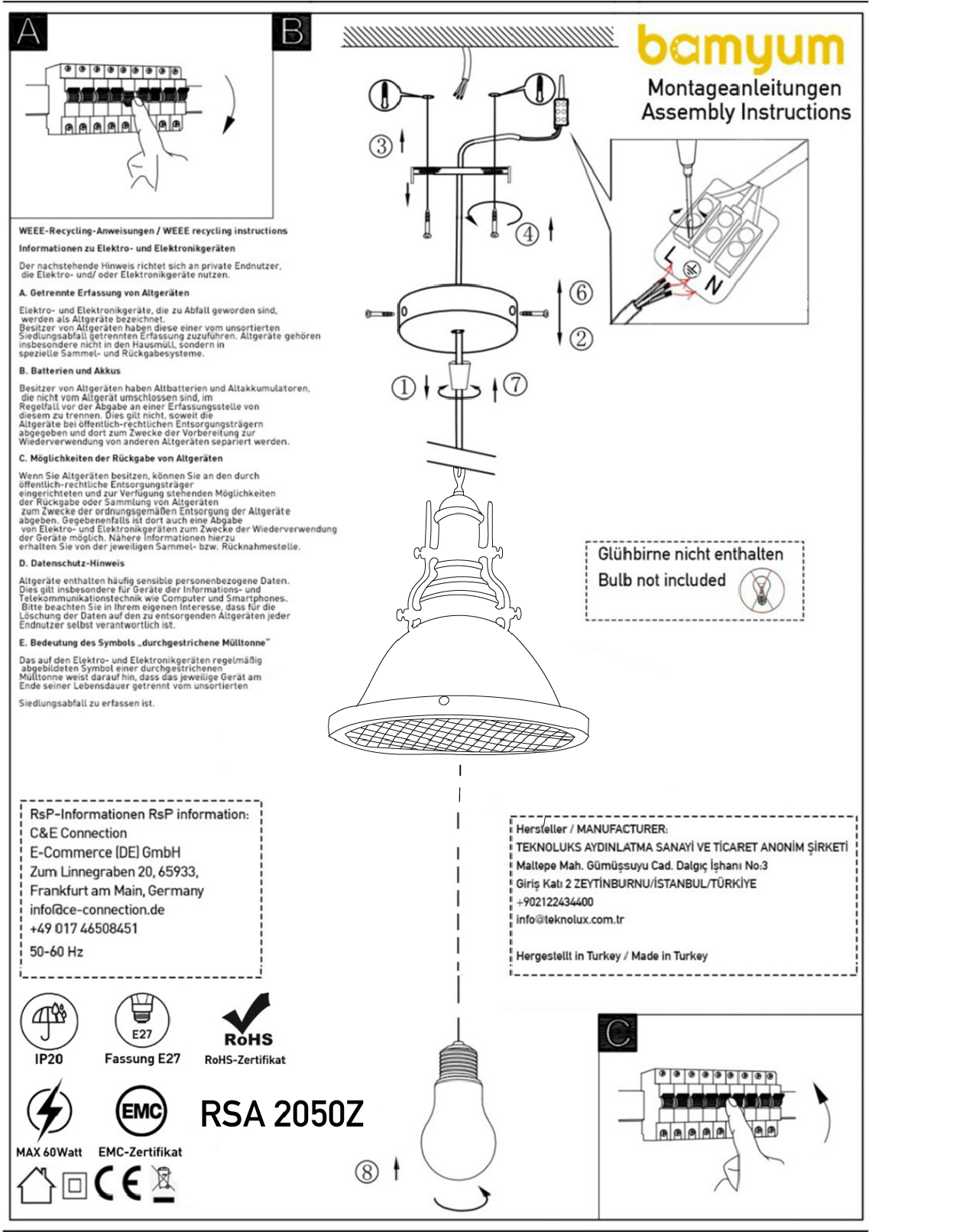 Lampada a sospensione attacco E27 in metallo