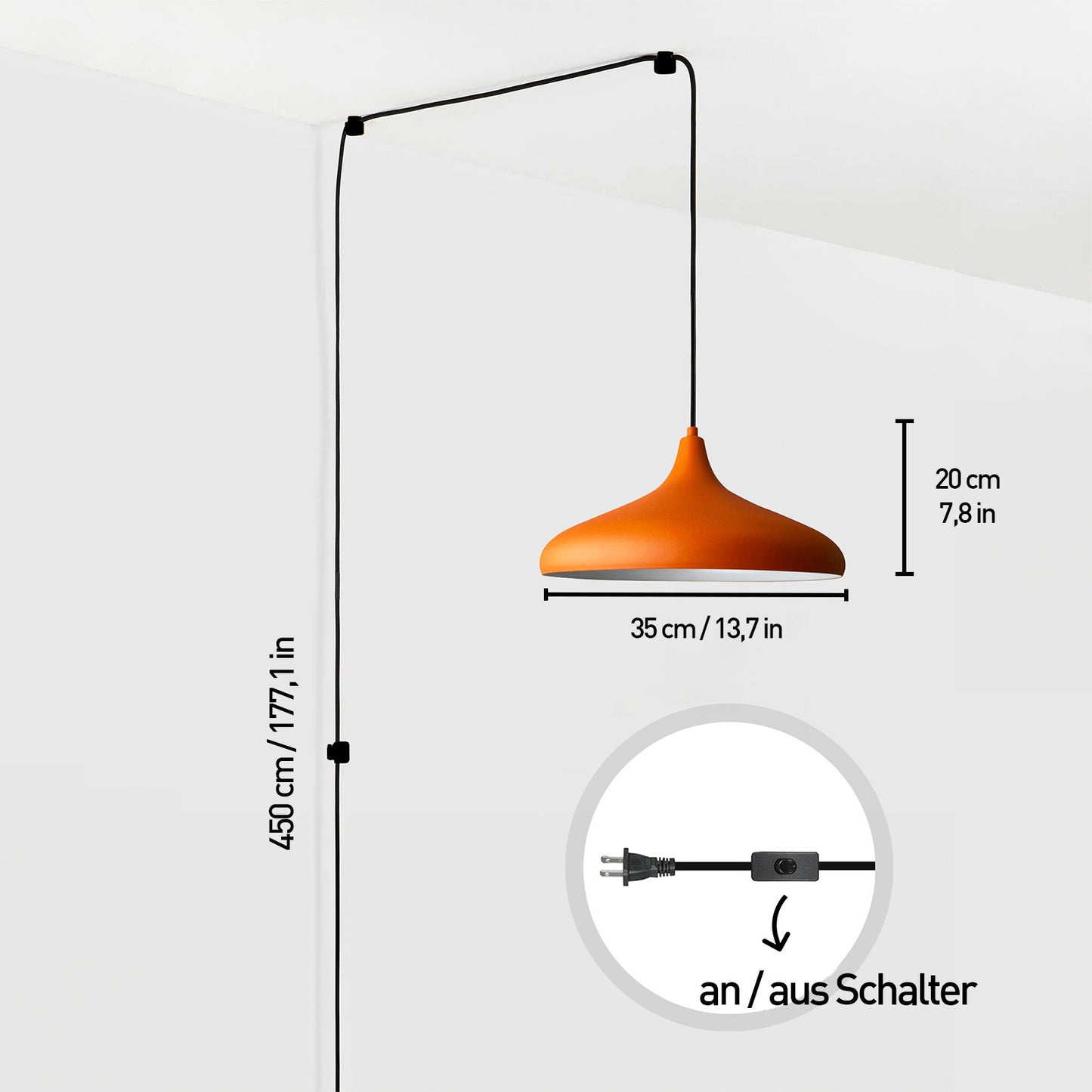 Pendelleuchte Champion Pendelleuchte mit Stecker 35 cm, Metall mit 450 cm Kabel