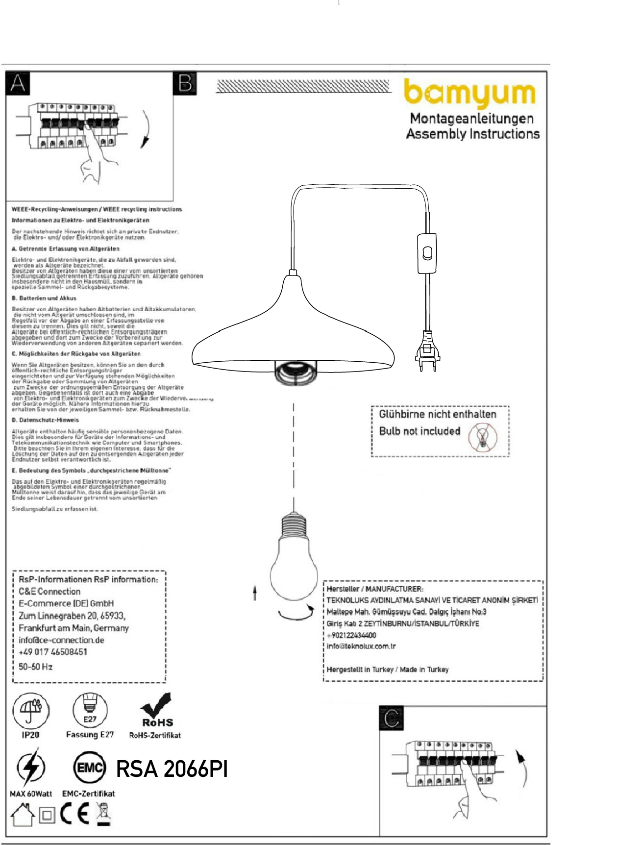 Lampada a sospensione oro nero con spina 35 cm