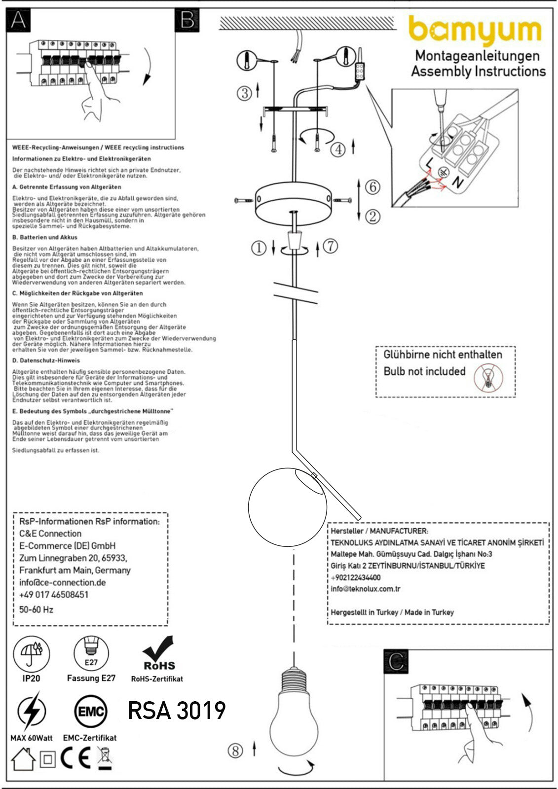 Lampada a sospensione in vetro e metallo