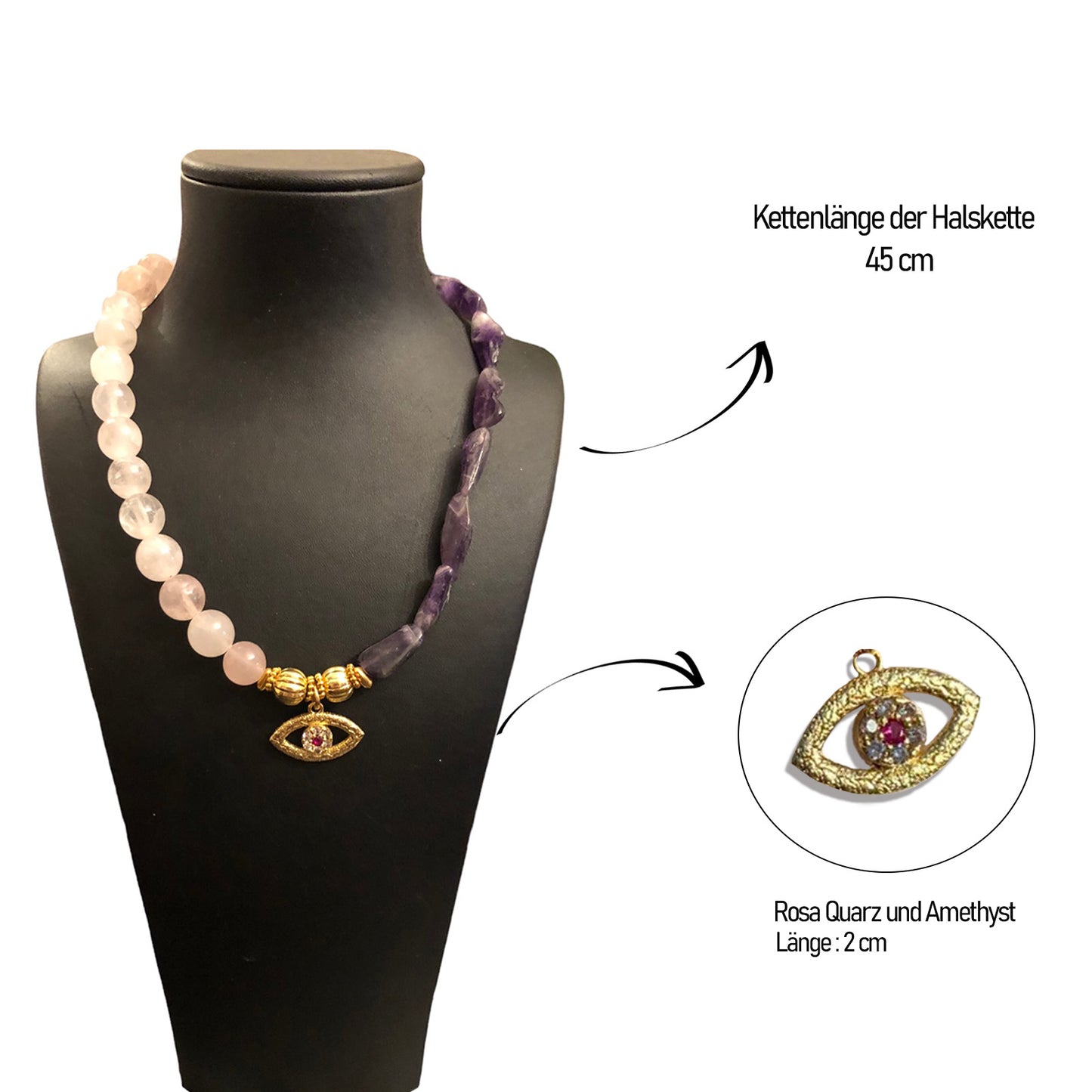 Collana da donna, pietra preziosa incantata, pendente di cristallo, collana con pietre naturali, collana in quarzo rosa e ametista