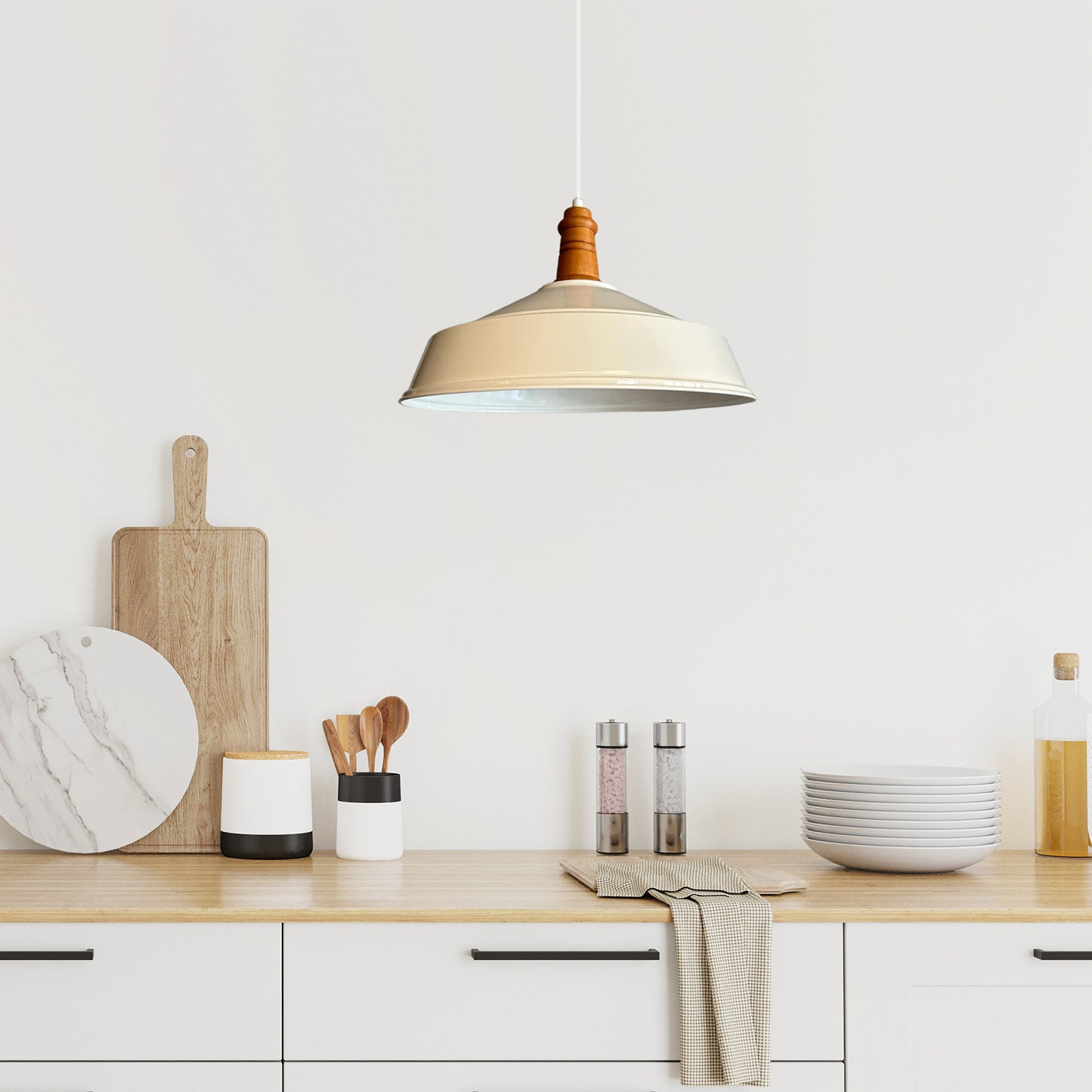 Pendelleuchte Metall Ø41 cm, Weiß innen weiß, E27, Vintage Lampe