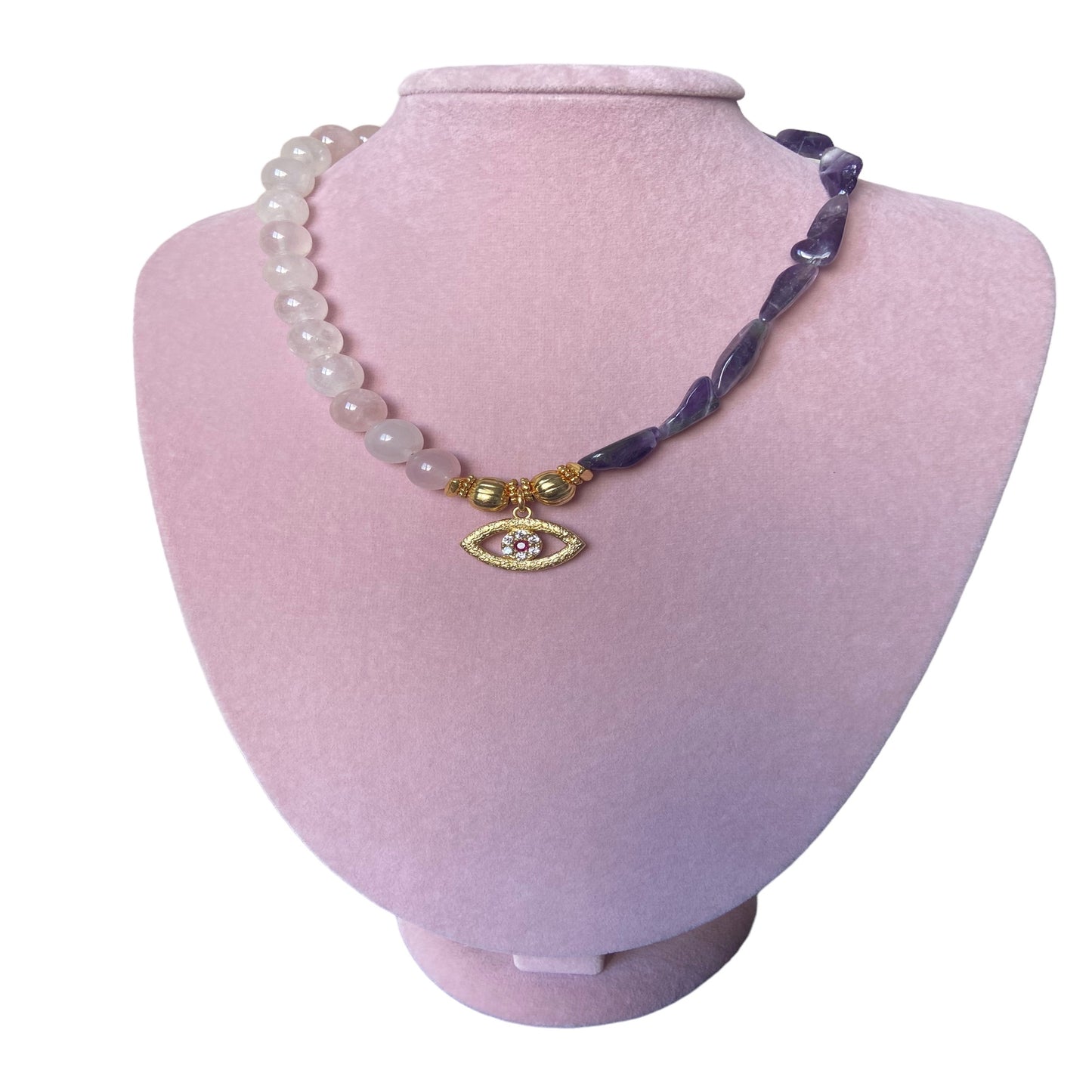 Collana da donna, pietra preziosa incantata, pendente di cristallo, collana con pietre naturali, collana in quarzo rosa e ametista