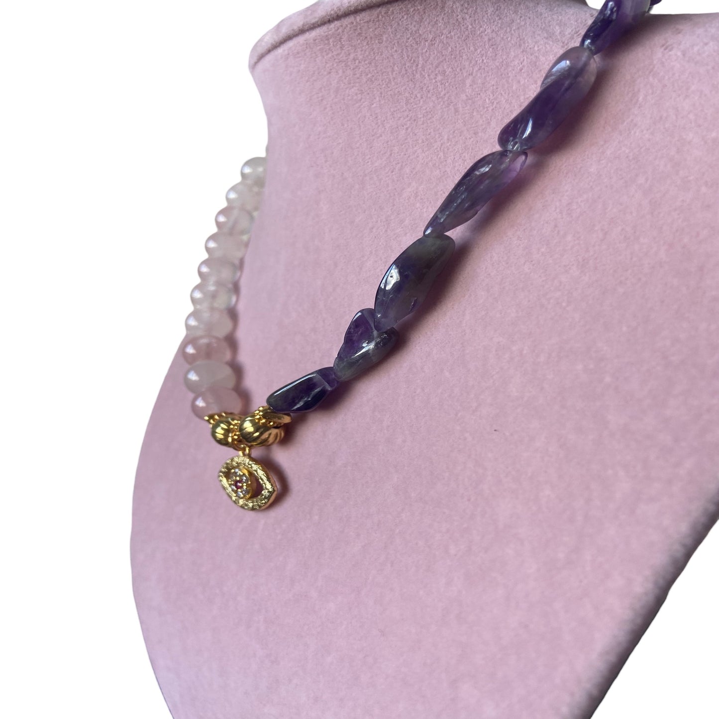 Collana da donna, pietra preziosa incantata, pendente di cristallo, collana con pietre naturali, collana in quarzo rosa e ametista