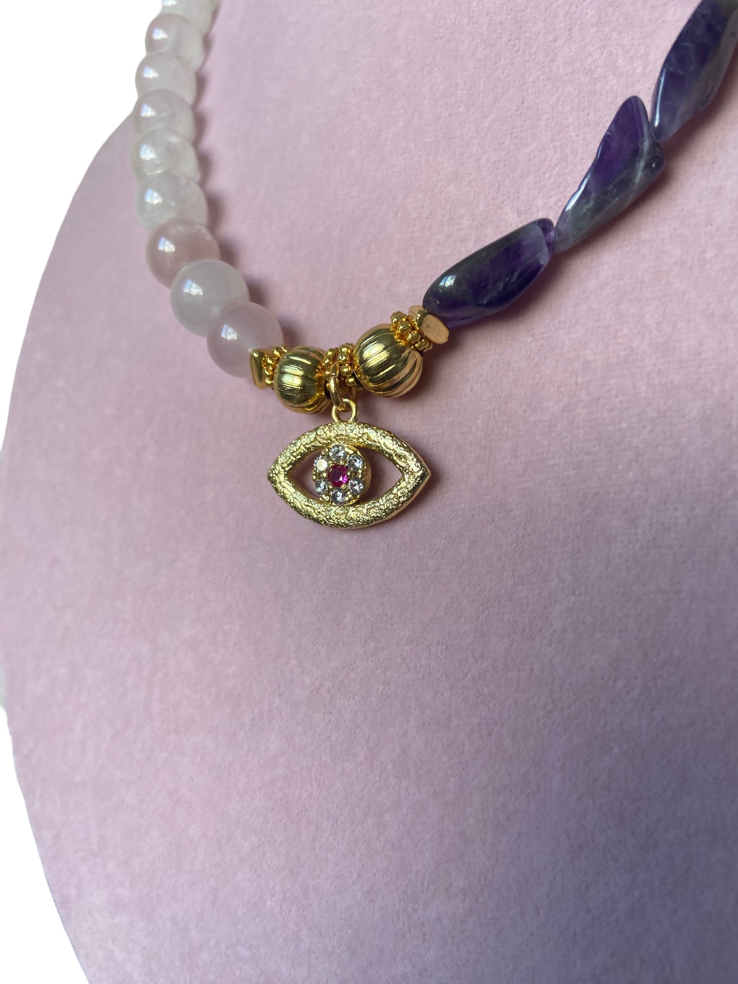 Collana da donna, pietra preziosa incantata, pendente di cristallo, collana con pietre naturali, collana in quarzo rosa e ametista