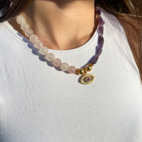 Collana da donna, pietra preziosa incantata, pendente di cristallo, collana con pietre naturali, collana in quarzo rosa e ametista